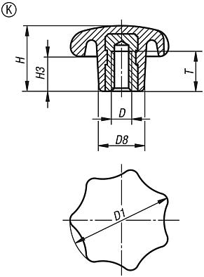 Star grips similar to DIN 6336 with internal thread, Form K 