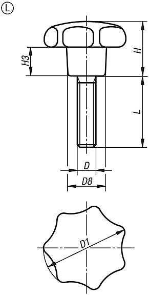 Star grips similar to DIN 6336 with external thread, Form L 