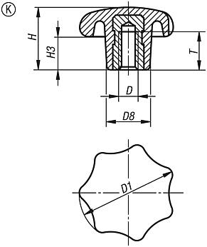 Star grips similar to DIN 6336 metal parts stainless steel Form K with tapped bush