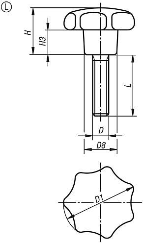 Star grips similar to DIN 6336, metal parts stainless steel Form L with external thread