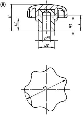 Star grips, Form H with projecting steel bush with blind hole