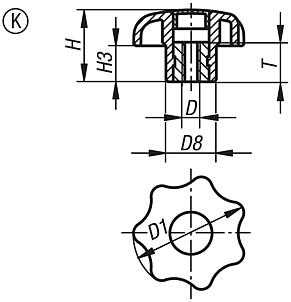 Star grips similar to DIN 6336, internal thread with cap, Form K 