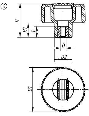 Knurled knobs Form K, with tapped bush, with cap 