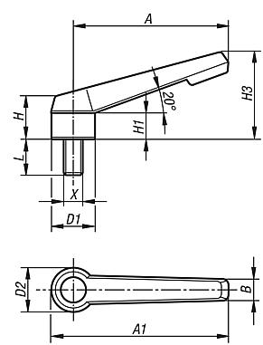 Clamping levers, plastic, non-adjustable with external thread, threaded  pin blue passivated steel