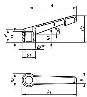 Clamping levers, plastic, non-adjustable with reamed hole, insert blue passivated steel