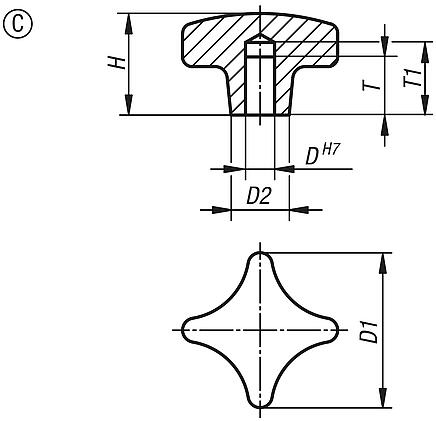 Palm grips similar to DIN 6335, aluminium, Form C, blind hole