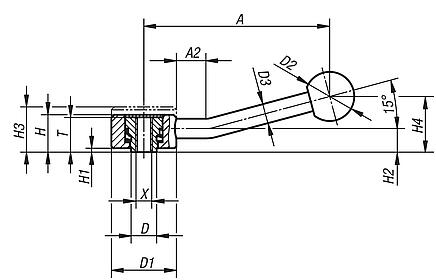 Tension levers, flat, internal thread, 15°