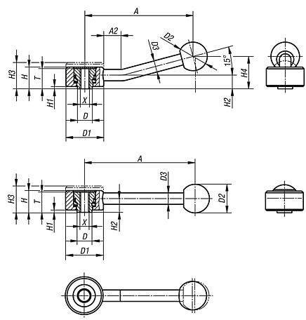 Tension levers, flat, internal thread