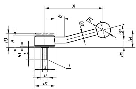 Tension levers, flat, external thread, 15°