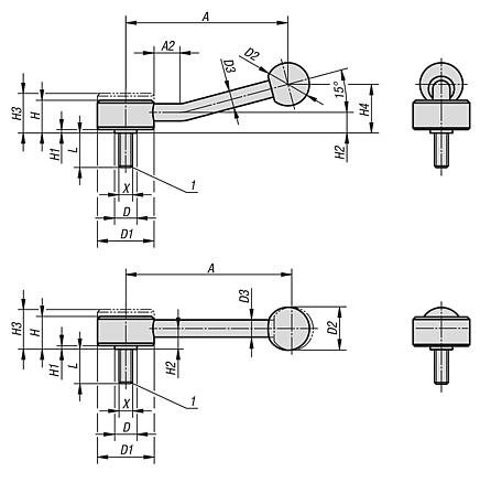 Tension levers, flat, external thread