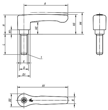 Clamping levers, flat, external thread, steel parts stainless steel