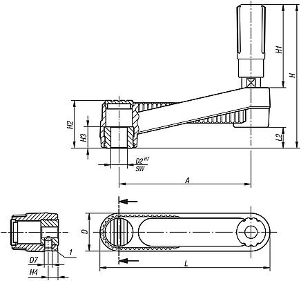 Crank handles with revolving cylinder grip, locating hole with slot