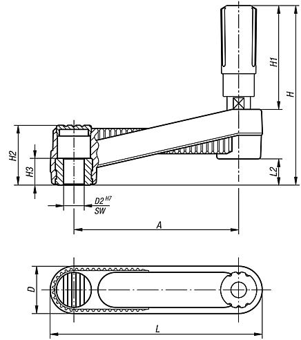 Crank handles with revolving cylinder grip, with square socket