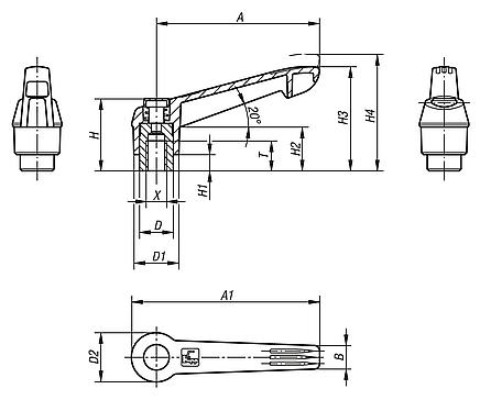 Clamping levers with push button, internal thread