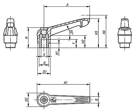 Clamping levers, plastic, with internal thread, threaded insert blue passivated steel