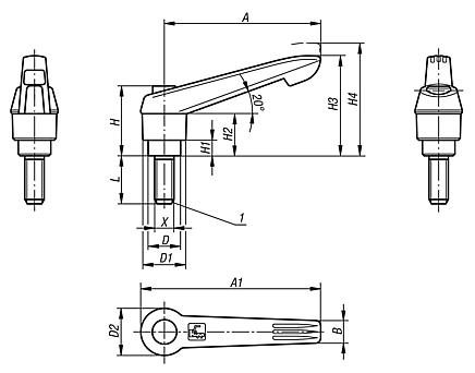 Clamping levers with push button, external thread