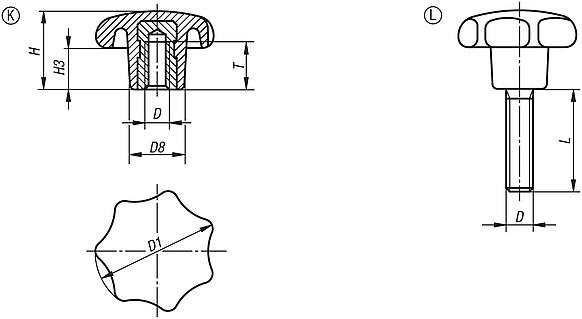 Star grips similar to DIN 6336 metal parts stainless steel