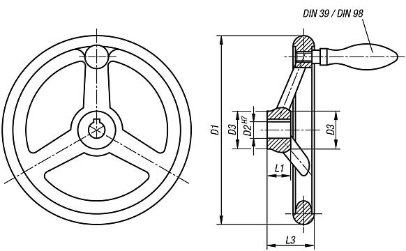 Handwheels DIN 950 grey cast iron, with revolving grip