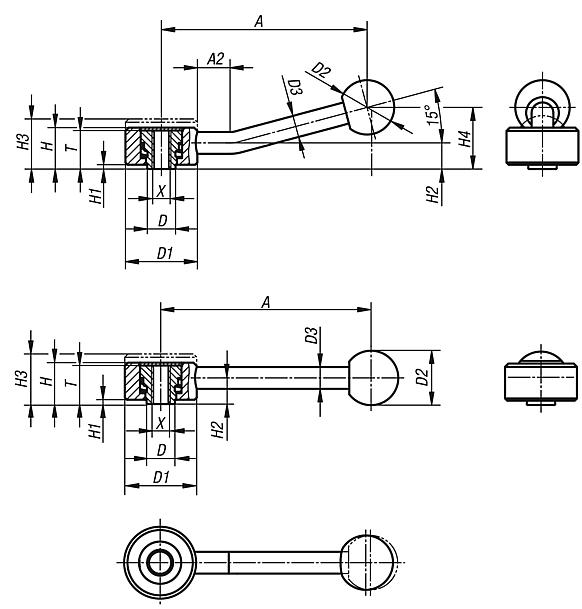 Tension levers flat, internal thread, stainless steel