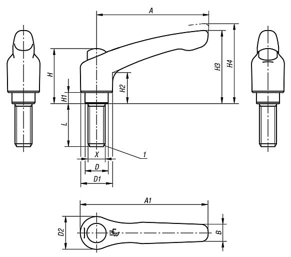 Clamping levers with protective cap, external thread