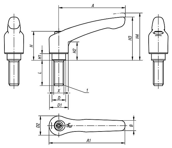 Clamping levers, stainless steel with external thread, threaded insert stainless steel