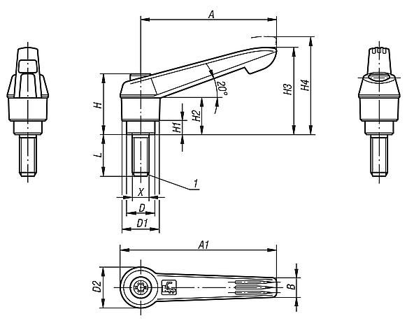 Clamping levers with plastic handle, external thread