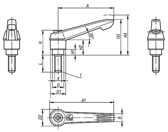 Clamping levers with plastic handle, external thread, steel parts stainless steel