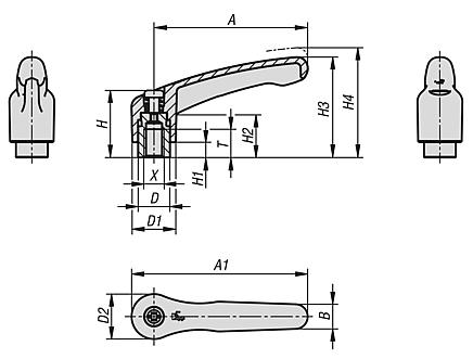 Clamping levers, plastic with internal thread, threaded insert blue passivated steel