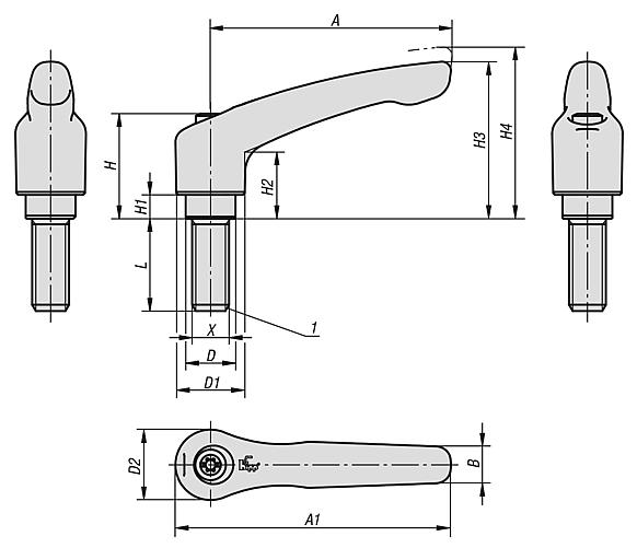 Clamping levers external thread, steel parts stainless steel, high-gloss chromed