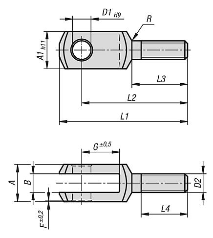 Clevis, steel or stainless steel with external thread