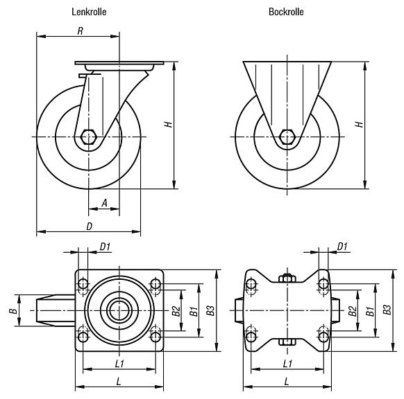 Stahlblech-Lenk- und Bockrollen Standard-Ausführung